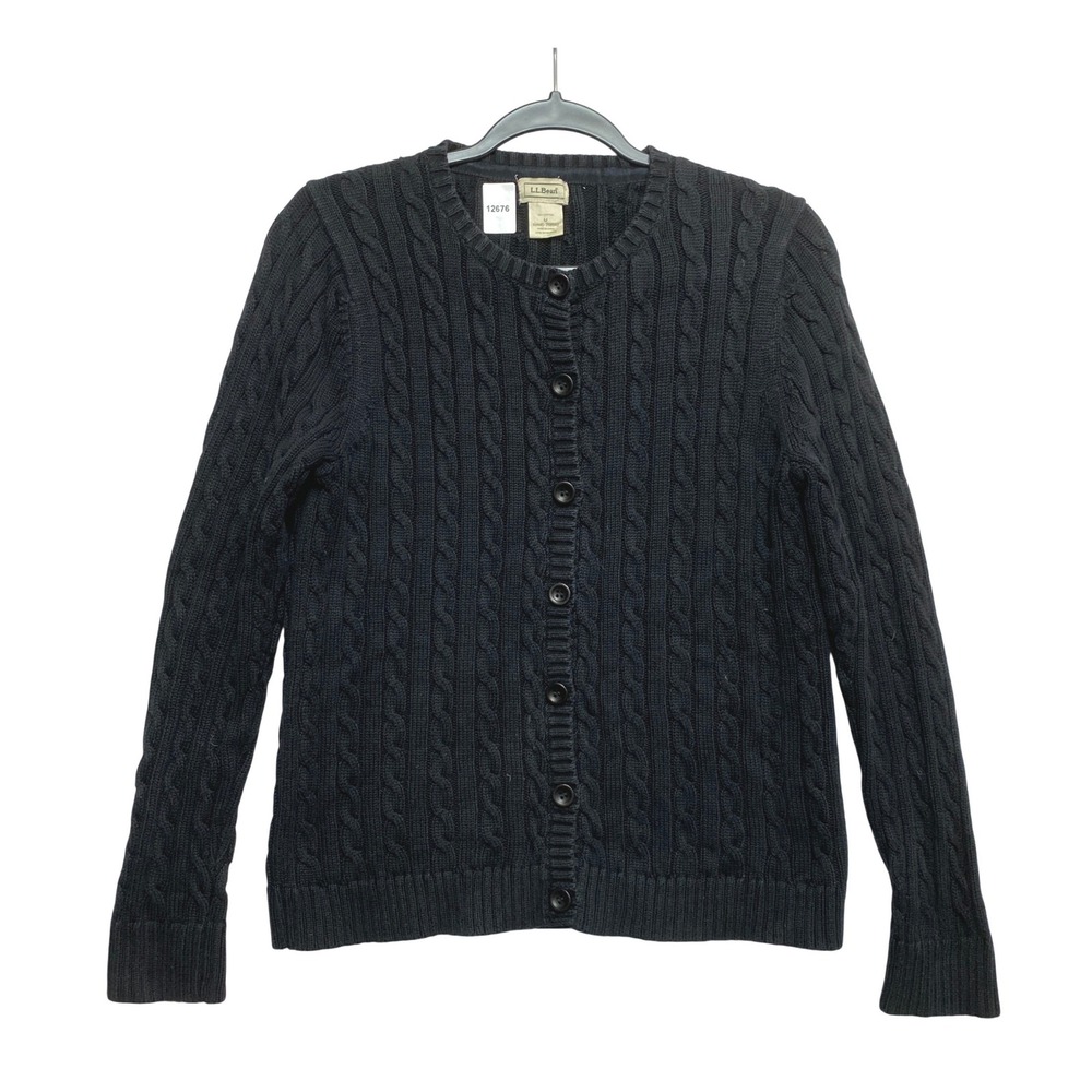 L.L. Bean Cardigan Women M Black 258842 Cable Knit Button-Down